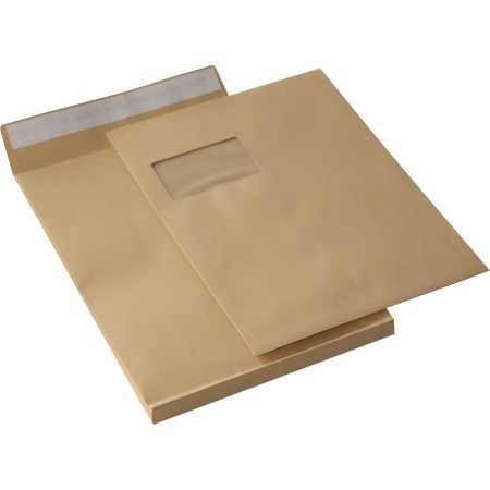 C4 Faltentaschen mit Fenster 2 cm Falte braun · haftklebender Briefumschlag 229x324x20 mm